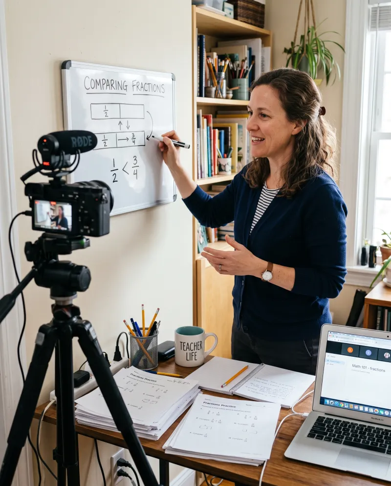 Educator teaching to camera — warm daylight, 4:5