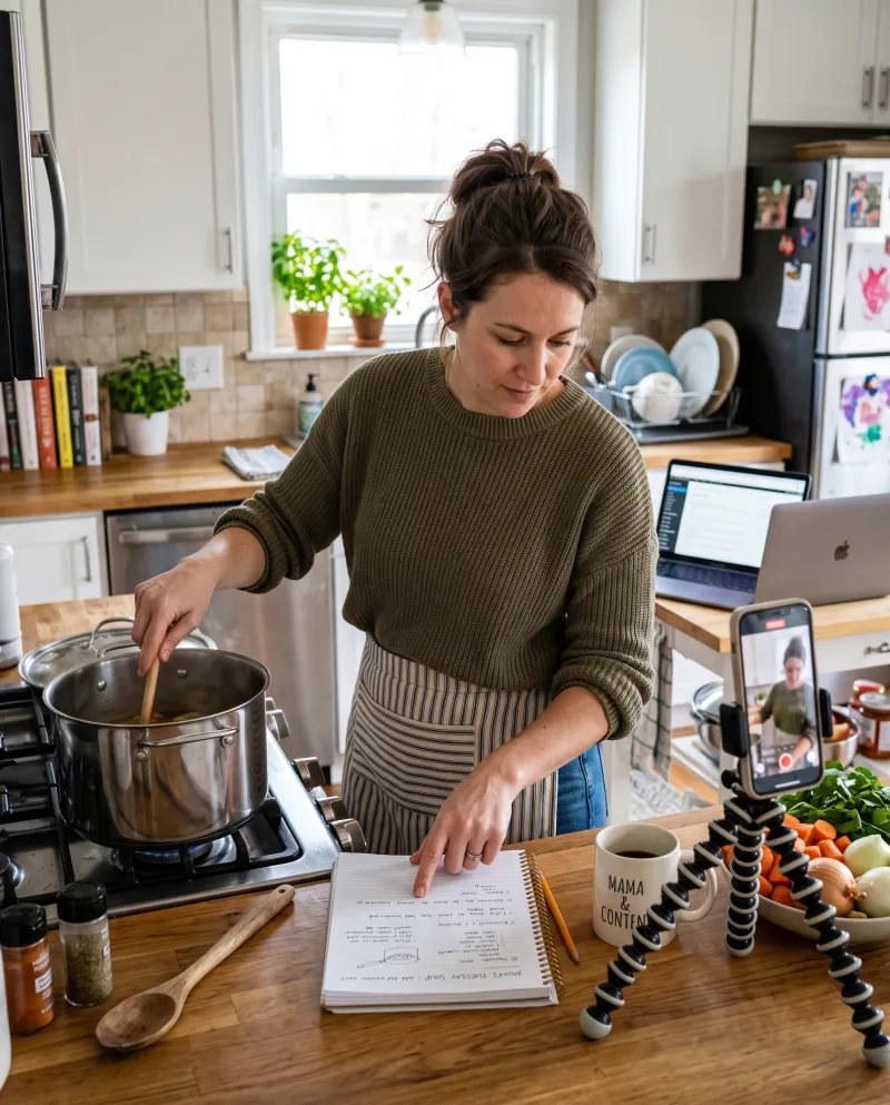 Mom writing at kitchen table — 4:5