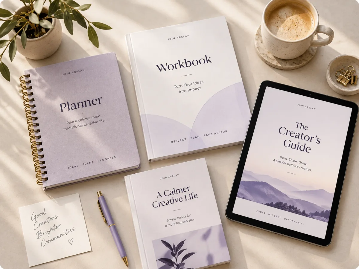 Digital products laid out together — planner, guide and workbook